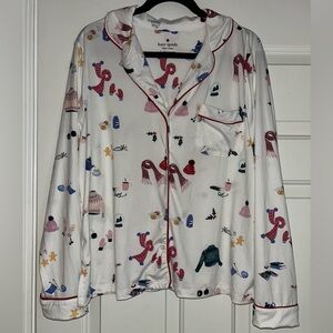 Kate Spade Pajama Set with Red Piping and Colorful Winter Print